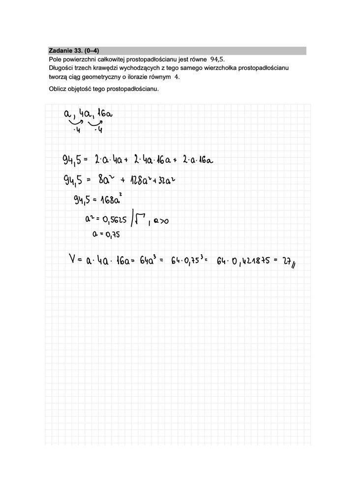 Fragment arkusza maturalnego z matematyki podstawowej - zadanie ze stereometrii, obliczanie objętości prostopadłościanu.