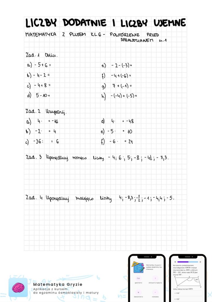 Zadania na sprawdzian GWO matematyka z plusem klasa 6 - liczby dodatnie i liczby ujemne