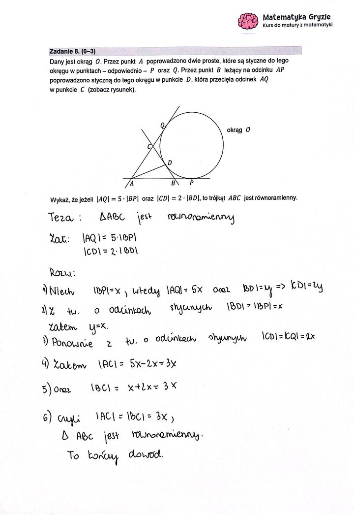 Fragment arkusza maturalnego z matematyki rozszerzonej - zadanie dowodowe z geometrii, wykazywanie, że trójkąt jest równoramienny.