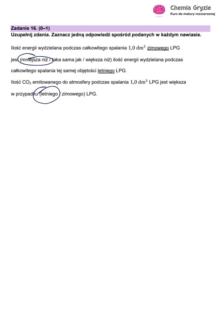 Odpowiedź do zadania maturalnego z chemii (16), porównująca ilość energii i emisję CO₂ podczas spalania zimowego i letniego LPG.