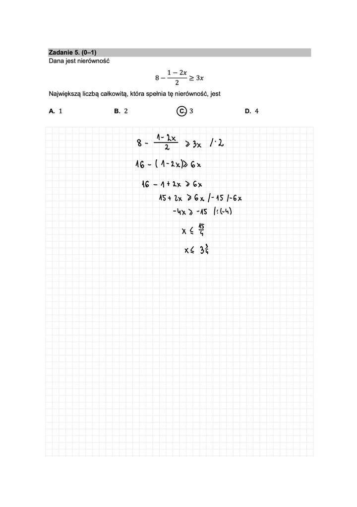 Fragment arkusza maturalnego  z matematyki podstawowej - rozwiązywanie nierówności.