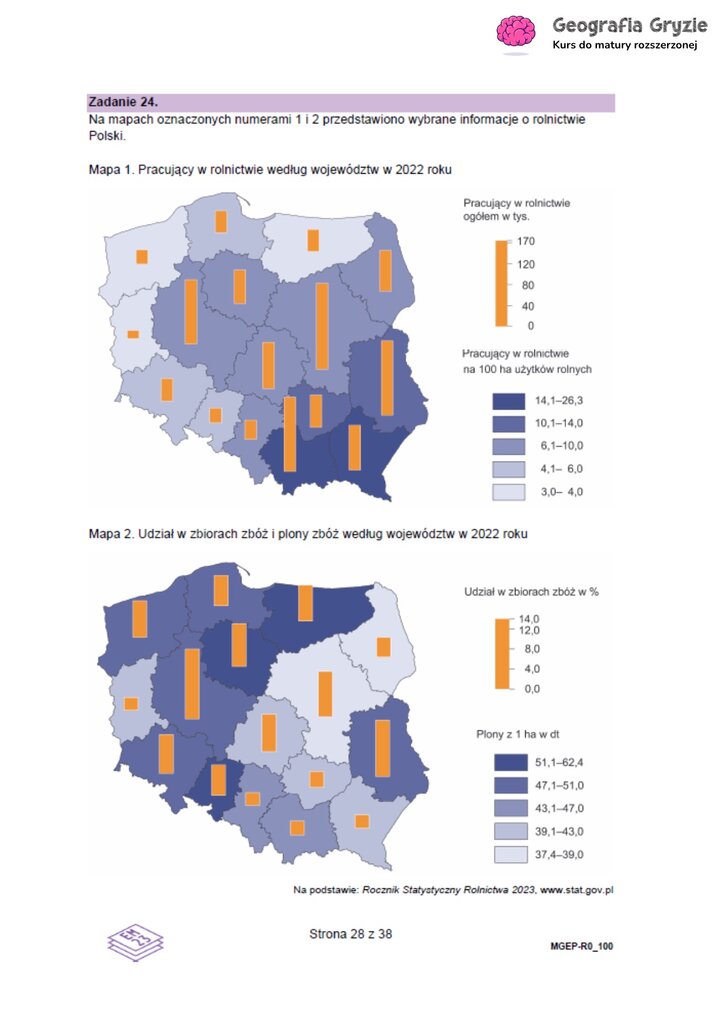 Zadanie maturalne z geografii z dwiema mapami rolnictwa Polski, dotyczącymi zatrudnienia w sektorze i plonów zbóż w 2022 roku.