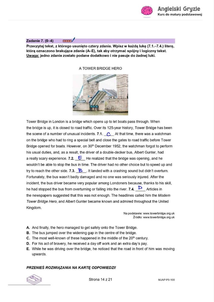 Fragment arkusza maturalnego z języka angielskiego – zadanie na rozumienie tekstu czytanego z lukami do uzupełnienia.