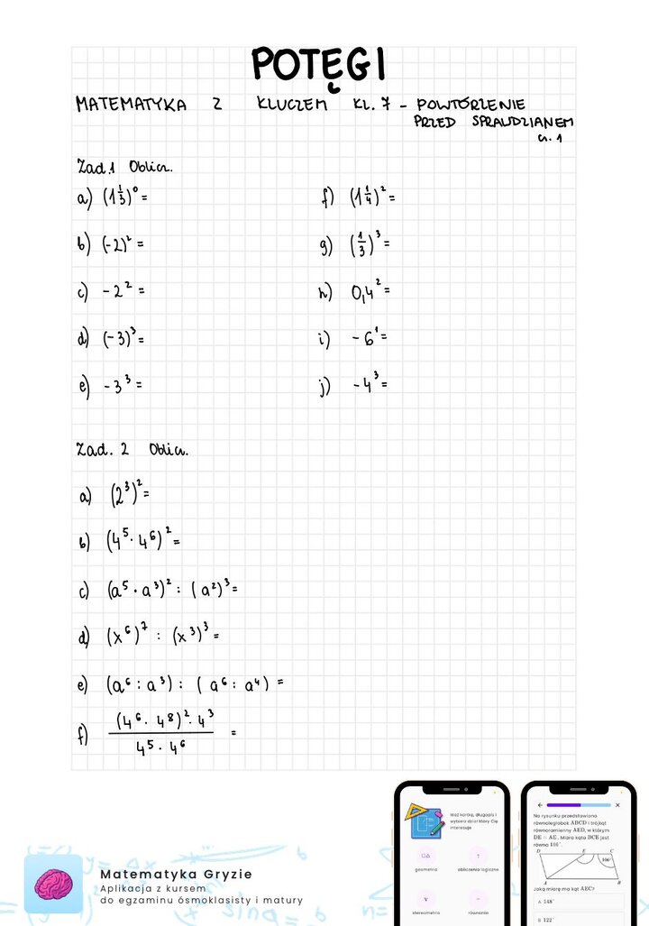 Zadania na sprawdzian matematyka z kluczem klasa 7 - potęgi