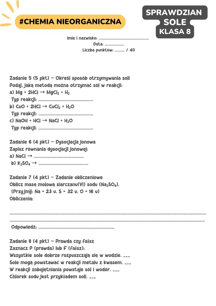 Druga strona testu z chemii nieorganicznej. Zadania dotyczą określania metod otrzymywania soli, zapisywania równań dysocjacji jonowej, obliczania masy molowej siarczanu(VI) sodu oraz pytań typu prawda/fałsz.