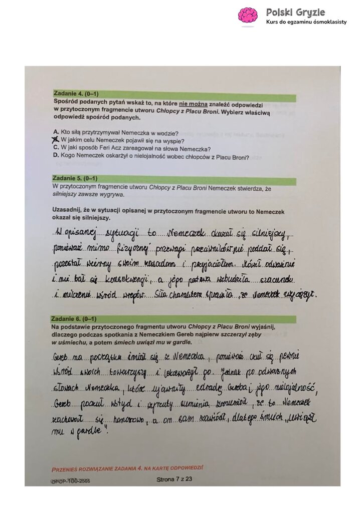 Fragment arkusza egzaminacyjnego z języka polskiego – pytania dotyczące wybranych lektur obowiązkowych.