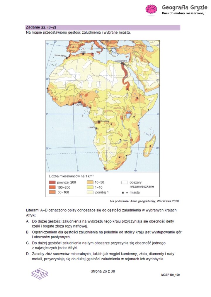 Zadanie maturalne z geografii z mapą gęstości zaludnienia Afryki, do analizy czynników wpływających na rozmieszczenie ludności.