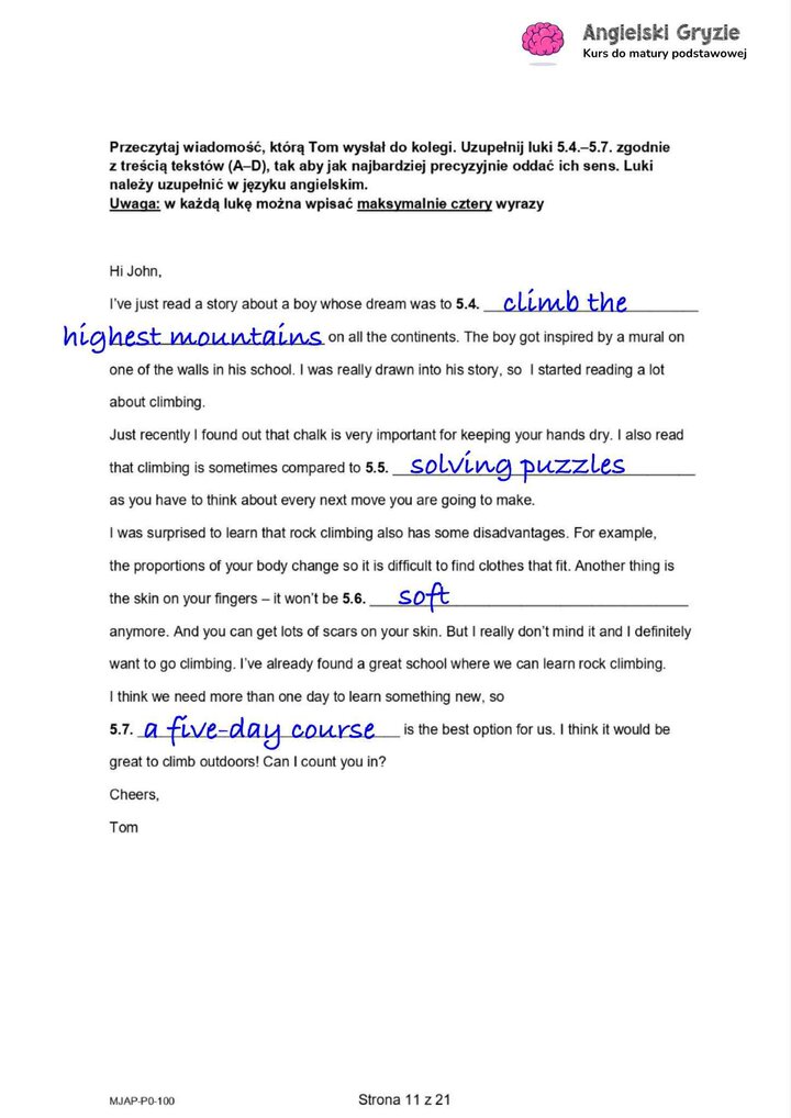 Tekst do uzupełnienia na podstawie przeczytanego tekstu. 