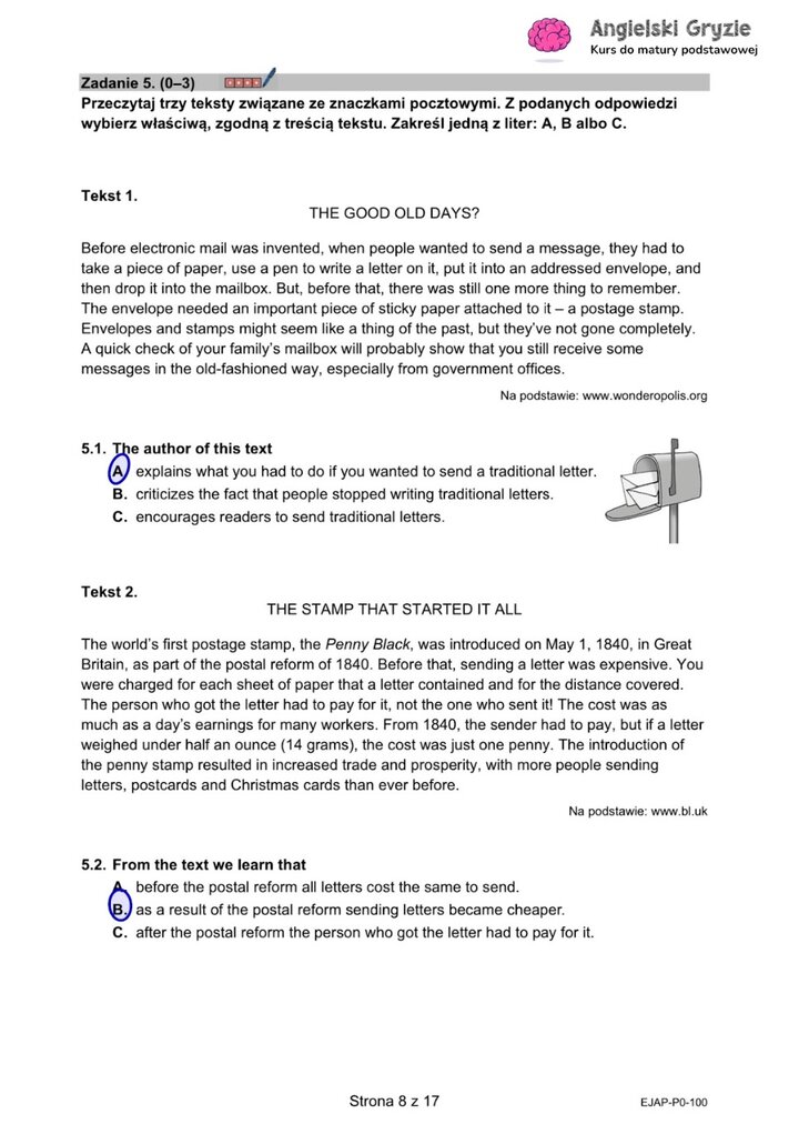 Fragment arkusza maturalnego z języka angielskiego – zadanie na rozumienie tekstu czytanego z pytaniami wielokrotnego wyboru.