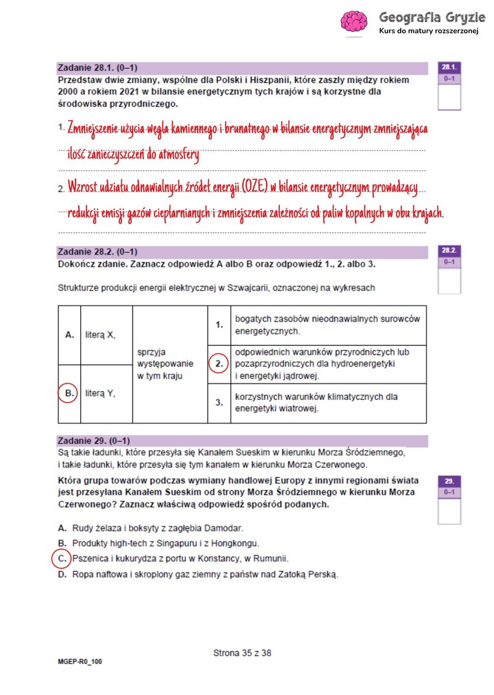 Odpowiedzi do zadań maturalnych z geografii (28.1-29) dotyczące zmian w bilansie energetycznym oraz transportu towarów przez Kanał Sueski.