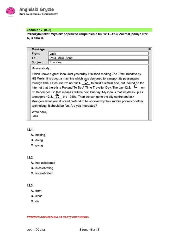 zadanie 12 egzamin ósmoklasisty CKE język angielski