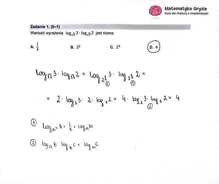 Fragment arkusza maturalnego z matematyki rozszerzonej - zadanie z wykorzystaniem własności logarytmów.