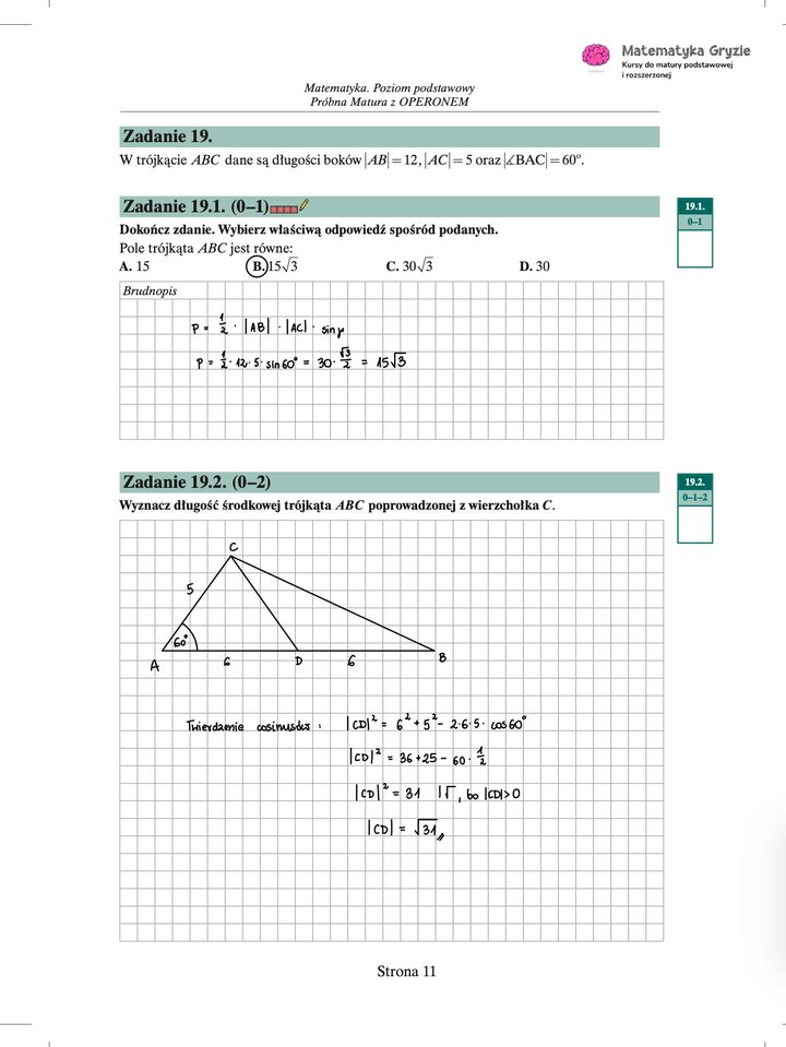 Zdjęcie kartki papieru z odręcznymi rozwiązaniami zadań z próbnego egzaminu maturalnego z matematyki Operon (poziom podstawowy). Widoczne wzory, obliczenia i zaznaczone wyniki.