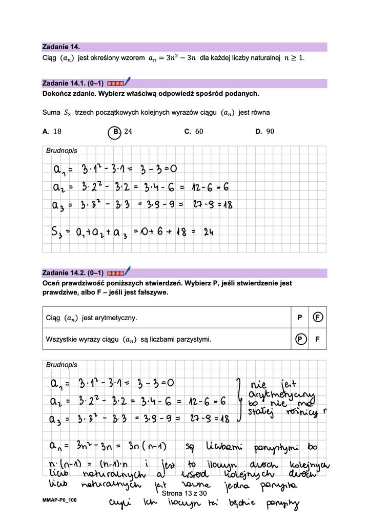 Fragment arkusza maturalnego z matematyki podstawowej - zadania na podstawie własności ciągów.
