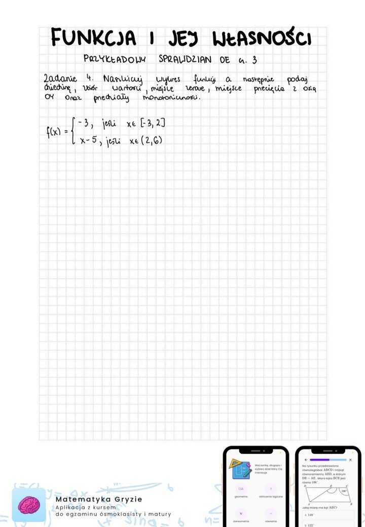 Zadania przygotowujące do sprawdzianu z matematyki z funkcji i jej własności.