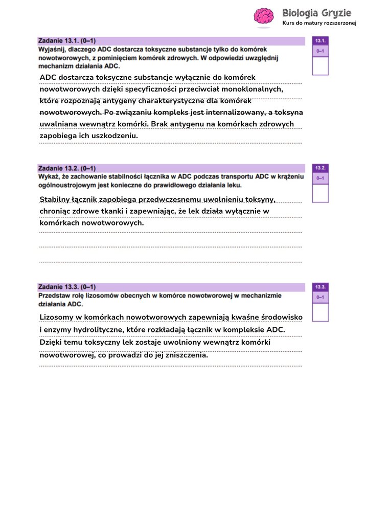 Odpowiedzi do zadania maturalnego z biologii (13.1-13.3) wyjaśniające mechanizm działania leków koniugowanych (ADC) w terapii celowanej nowotworów.