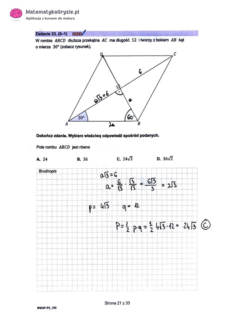 Fragment arkusza maturalnego z matematyki podstawowej - zadanie z obliczania pola rombu.