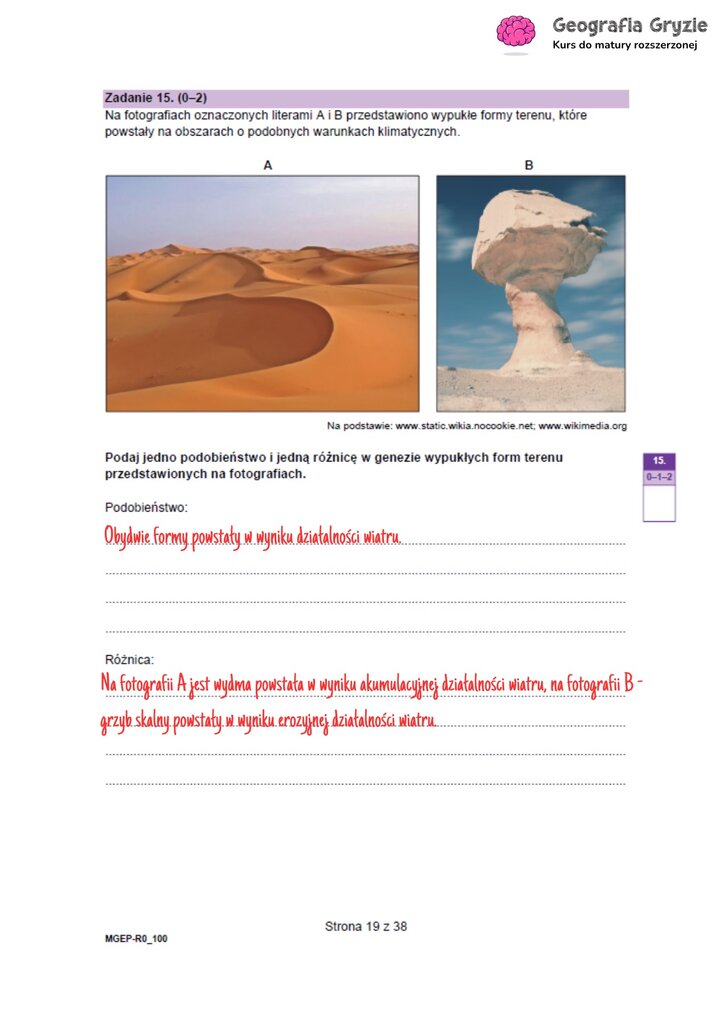 Zadanie maturalne z geografii ze zdjęciami form eolicznych: wydmy (A) i grzyba skalnego (B), do porównania ich genezy.