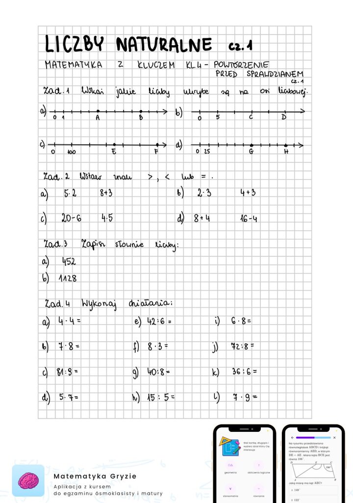 Liczby naturalne cz.1 - sprawdzian matematyka z kluczem - powtórka