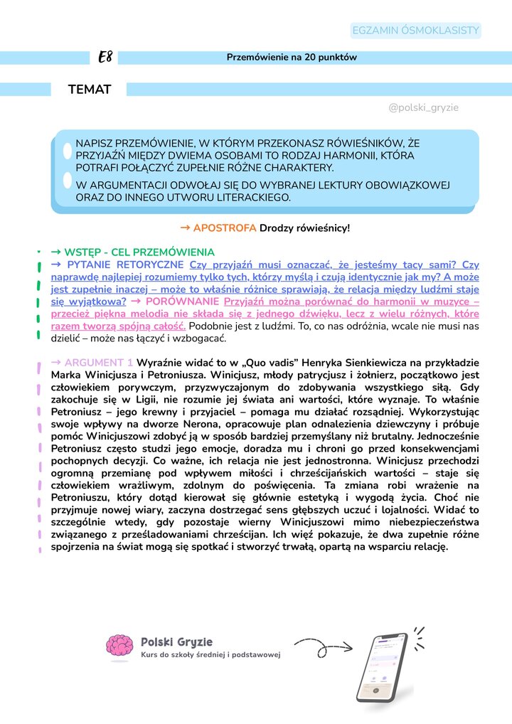 Grafika przedstawiająca strukturę przemówienia, zawierająca zasady tworzenia wstępu, pytań retorycznych oraz sposób budowania pierwszego argumentu na podstawie lektury.