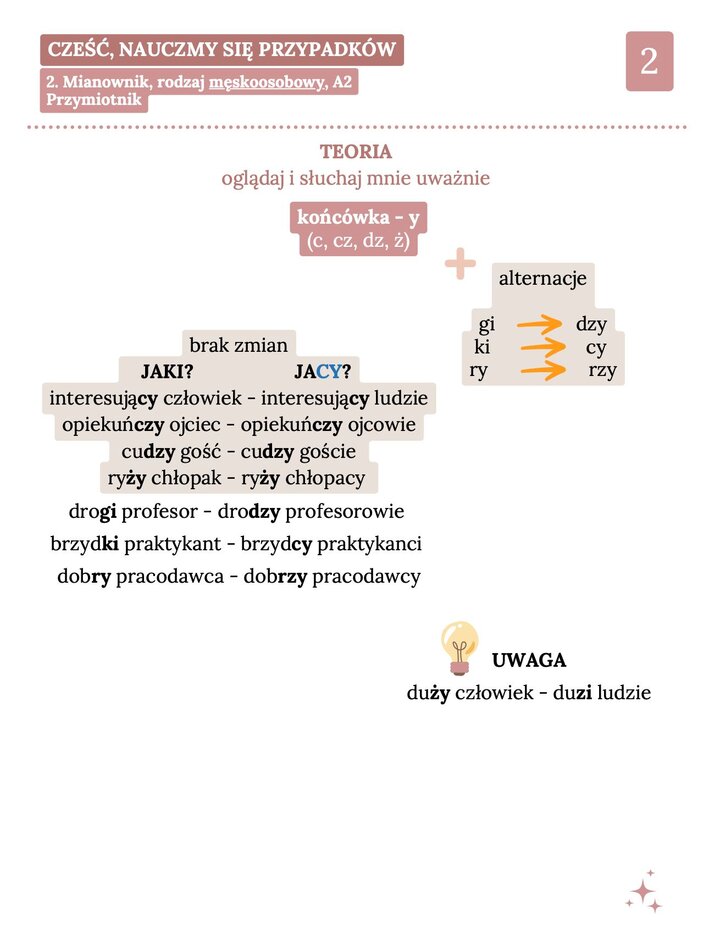 Tabela teoretyczna wyjaśniająca stosowanie końcówki "-y" po spółgłoskach c, cz, dz, ż oraz nieregularne zmiany dla przymiotników kończących się na -gi, -ki i -ry.