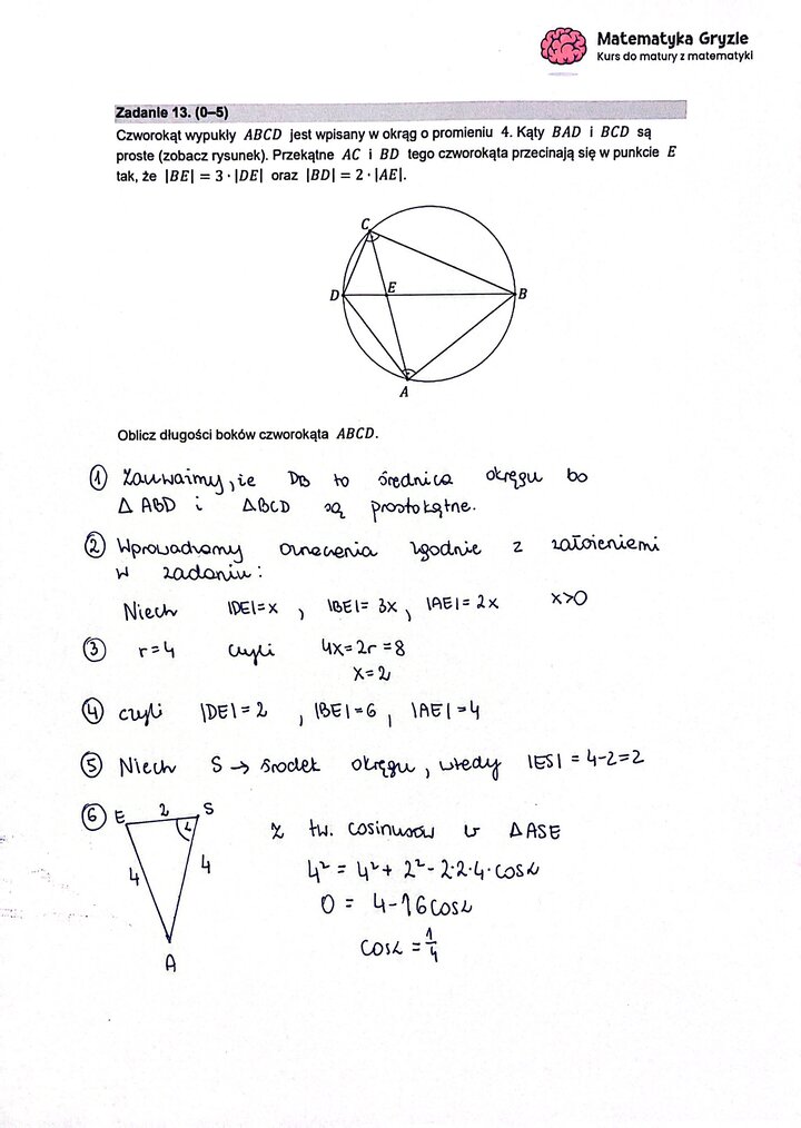 Fragment arkusza maturalnego z matematyki rozszerzonej - obliczanie długości boków czworokąta na podstawie rysunku.