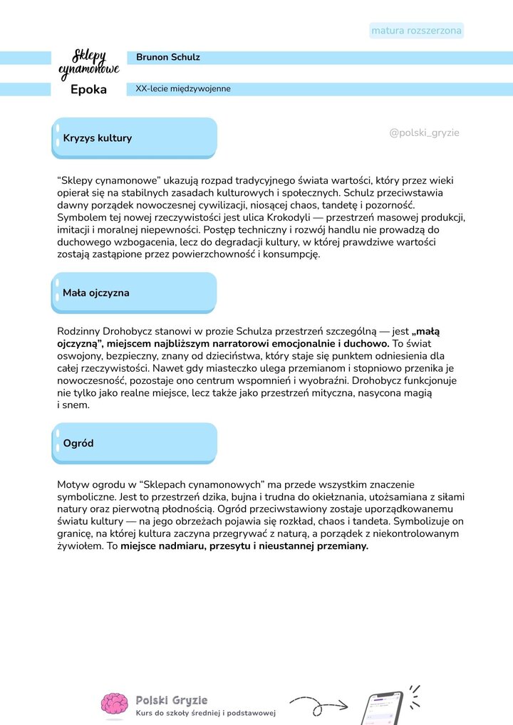 Notatka omawiająca motywy kryzysu kultury, koncepcję „małej ojczyzny” na przykładzie Drohobycza oraz symbolikę ogrodu w „Sklepach cynamonowych”.
