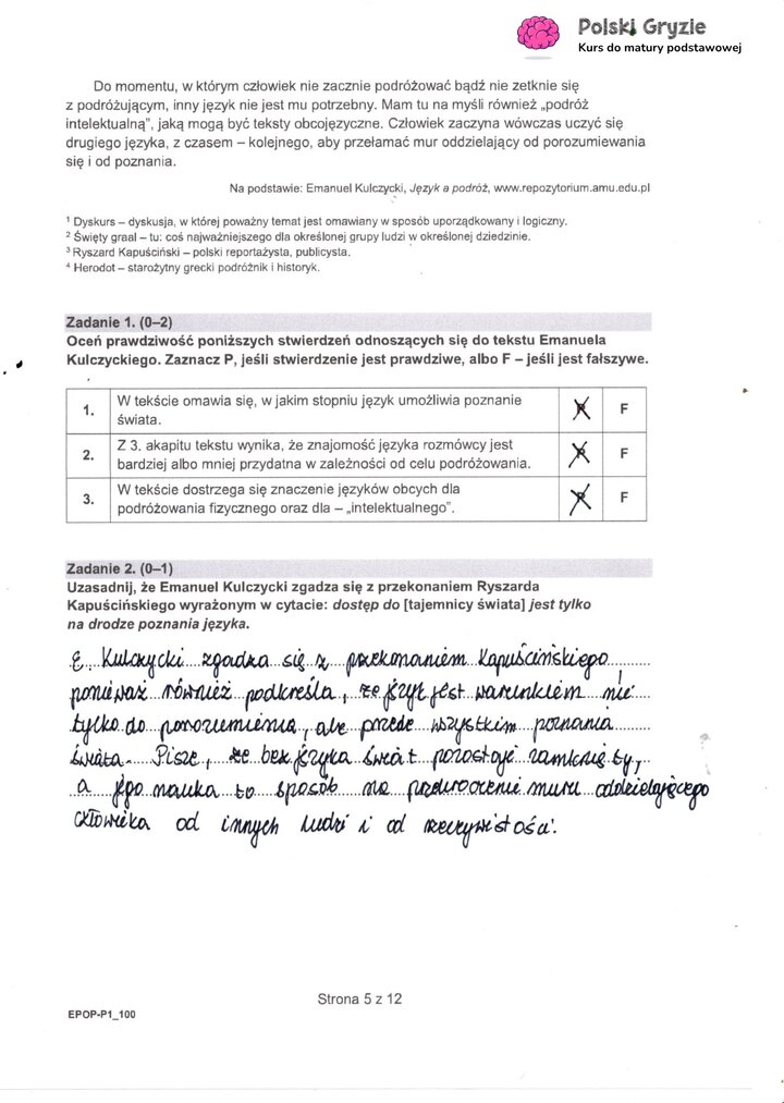 Fragment arkusza egzaminacyjnego z języka polskiego – pytania dotyczące przeczytanego tekstu.