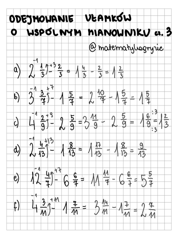 Odejmowanie ułamków o wspólnym mianowniku