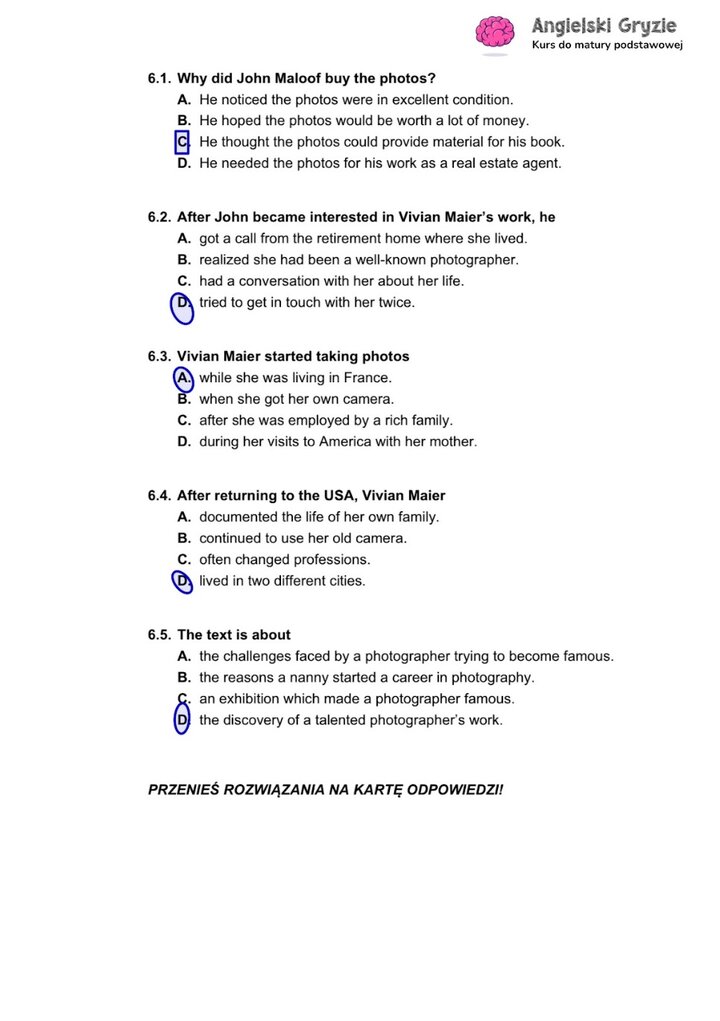 Fragment arkusza maturalnego z języka angielskiego – zadanie na rozumienie tekstu czytanego z pytaniami wielokrotnego wyboru.
