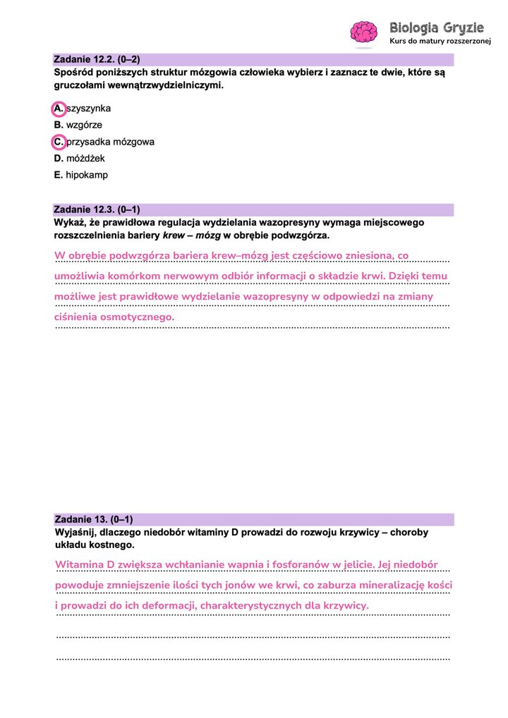 Fragment arkusza maturalnego z biologii - zdanie wielokrotnego wyboru dotyczące struktur mózgowia człowieka.