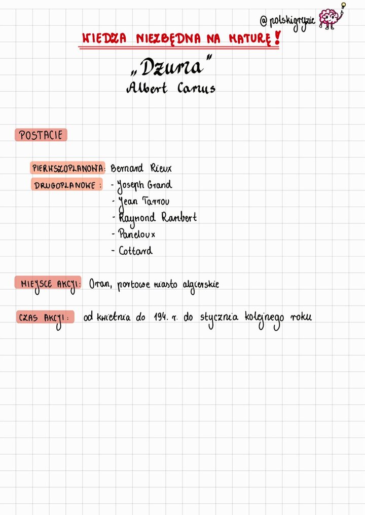 Dżuma Camus bohaterowie i czas akcji. Lista postaci pierwszoplanowych i drugoplanowych, w tym doktor Bernard Rieux, Jean Tarrou, Joseph Grand, Raymond Rambert, Paneloux i Cottard. Miejsce i czas akcji w Oranie.