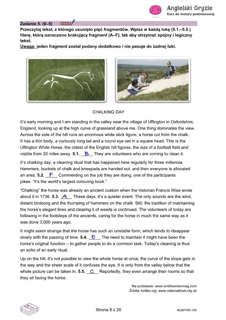 Fragment arkusza maturalnego z języka angielskiego – zadanie na dopasowywanie odpowiednich zdań do luk w tekście .