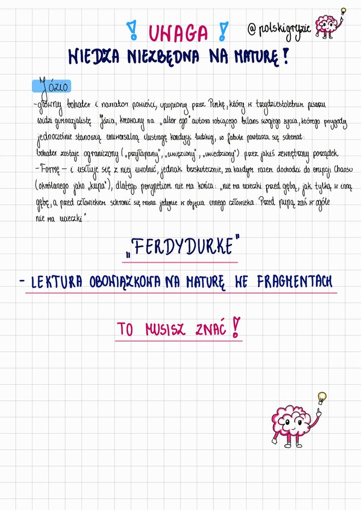 Ferdydurke analiza - główny bohater Józio Kowalski, upupienie przez Pimkę. Schemat fabuły: uwięzienie w Formie, ucieczka w Chaos ('kupa'). Cytat o ucieczce przed Gębą i Pupą.