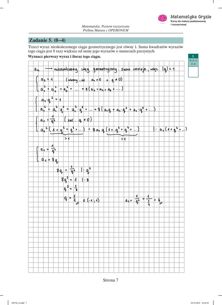 Zdjęcie kartki papieru z odręcznymi rozwiązaniami zadań z próbnego egzaminu maturalnego z matematyki Operon (poziom rozszerzony). Widoczne wzory, obliczenia i zaznaczone wyniki.