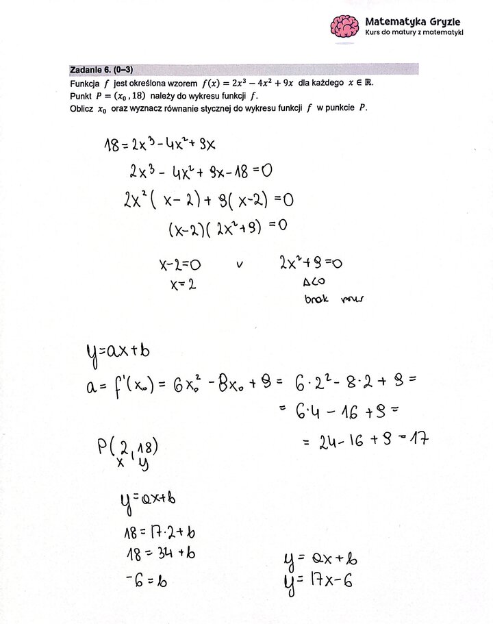 Fragment arkusza maturalnego z matematyki rozszerzonej - zadanie z obliczania miejsca zerowego funkcji i wyznaczania równania stycznej.