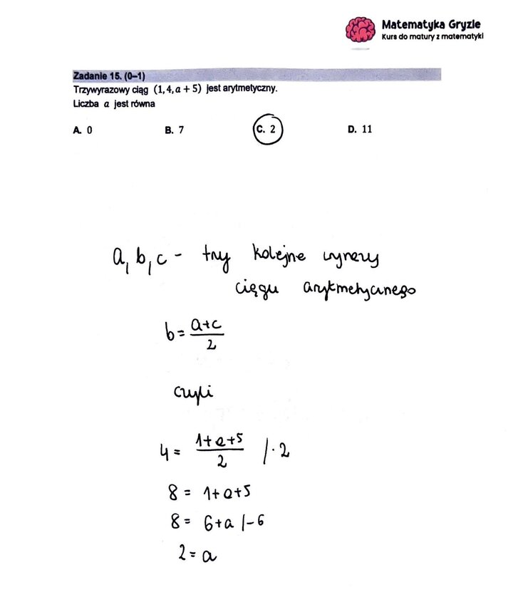 Zadanie z matury podstawowej z matematyki (15) z rozwiązaniem zadania na wyznaczenie wyrazu ciągu arytmetycznego.