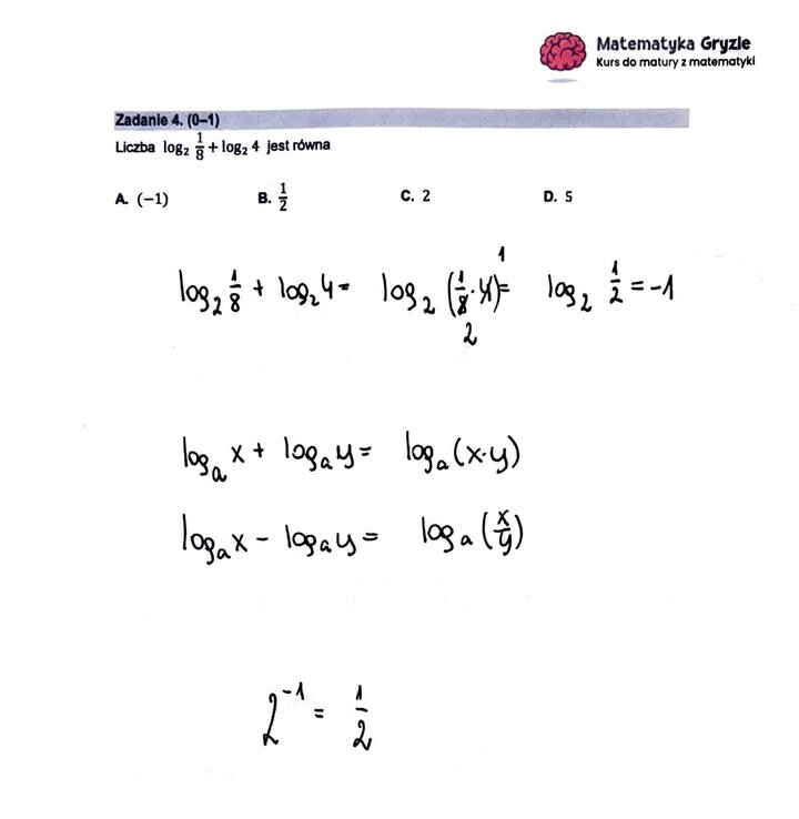 Zadanie z matury podstawowej z matematyki (4) z rozwiązanym zadaniem na upraszczanie wyrażeń z logarytmami.
