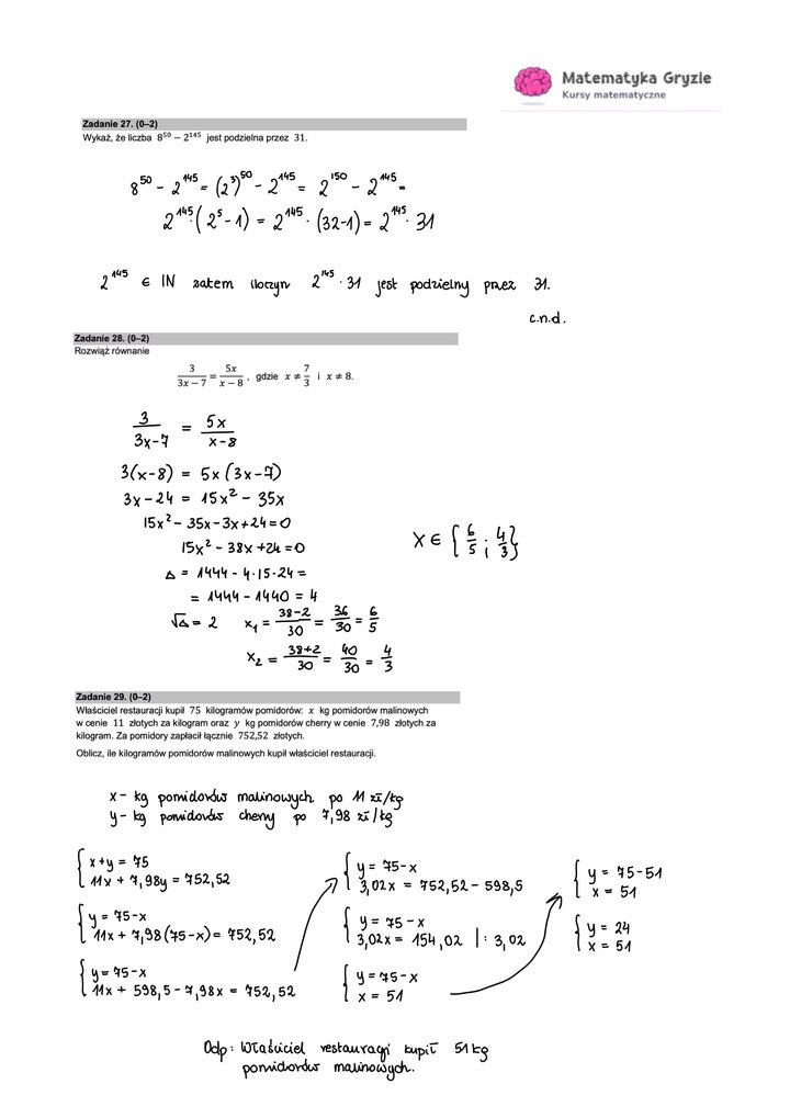 Zadanie z matematyki z własności potęg, rozwiązywanie równania oraz rozwiązywanie zadań tekstowych.