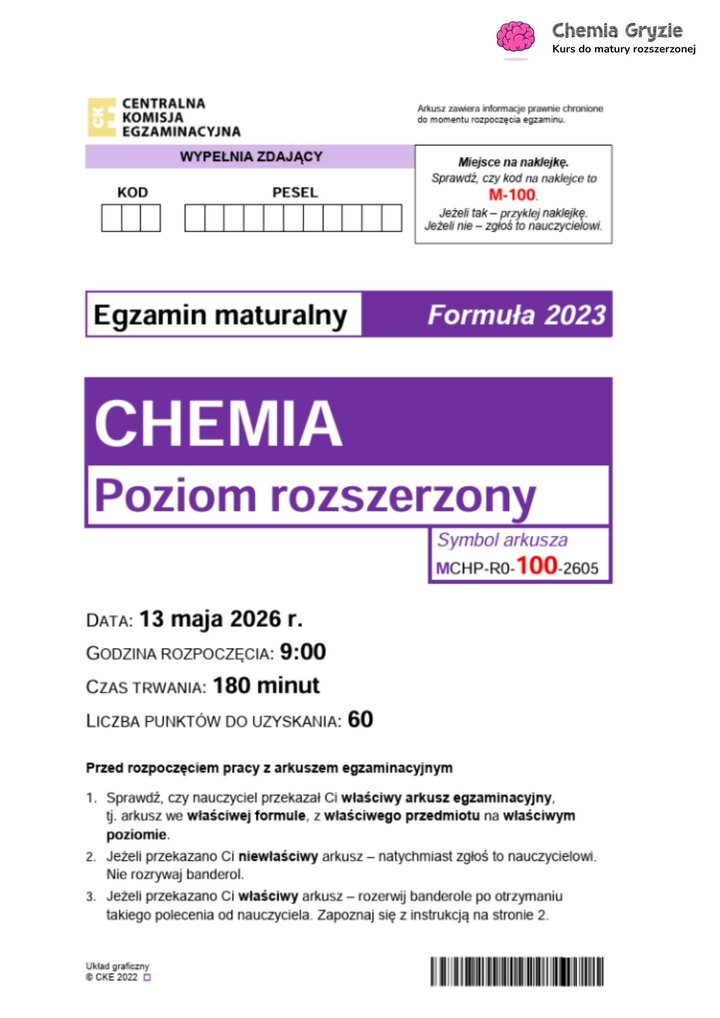 Arkusz maturalny z chemii rozszerzonej 2026. Rozwiązania zadań maturalnych. Strona tytułowa arkusza.