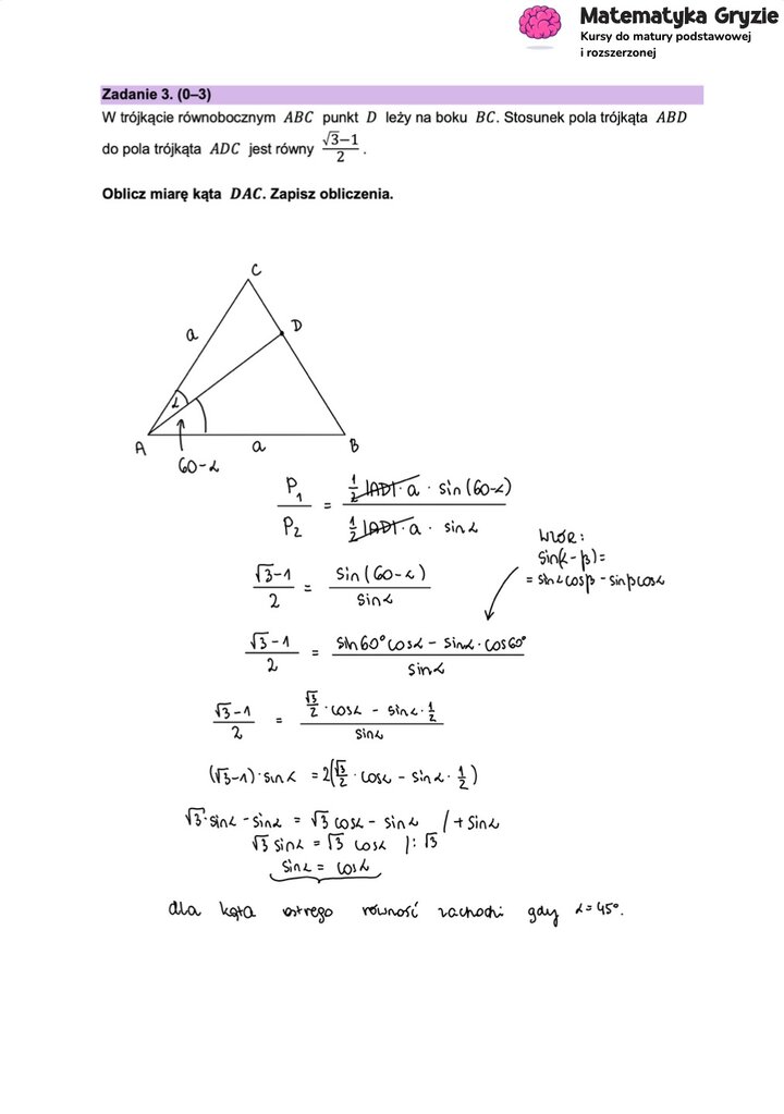 Fragment arkusza maturalnego z matematyki rozszerzonej - zadanie z planimetrii, obliczanie miary wyznaczonego kąta.