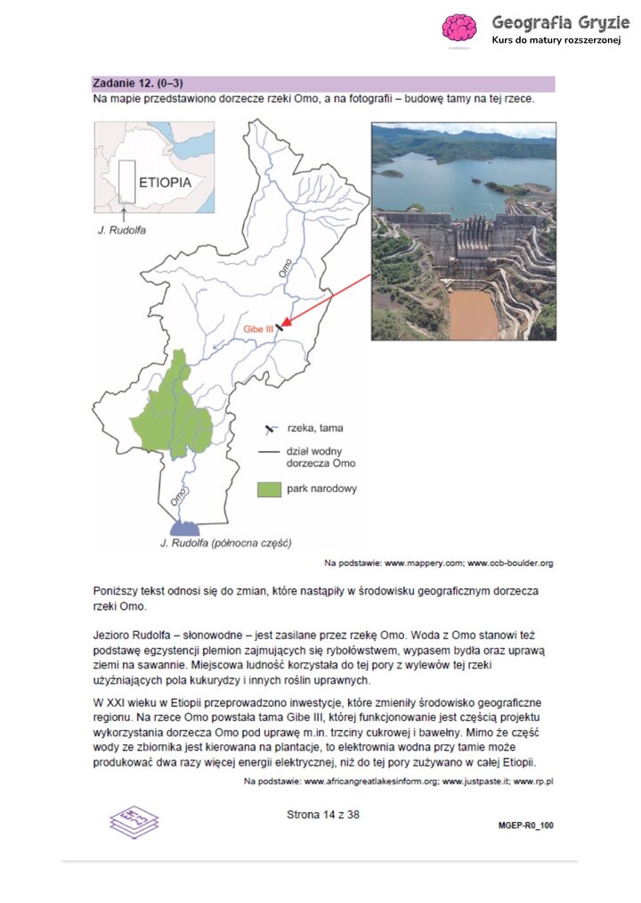 Zadanie maturalne z geografii z mapą dorzecza rzeki Omo w Etiopii i zdjęciem tamy Gibe III.