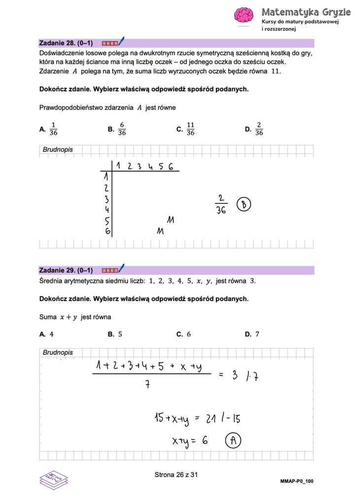 Zadanie maturalne z matematyki (28-29) z zadaniami na prawdopodobieństwo rzutu kostką i średnią arytmetyczną.