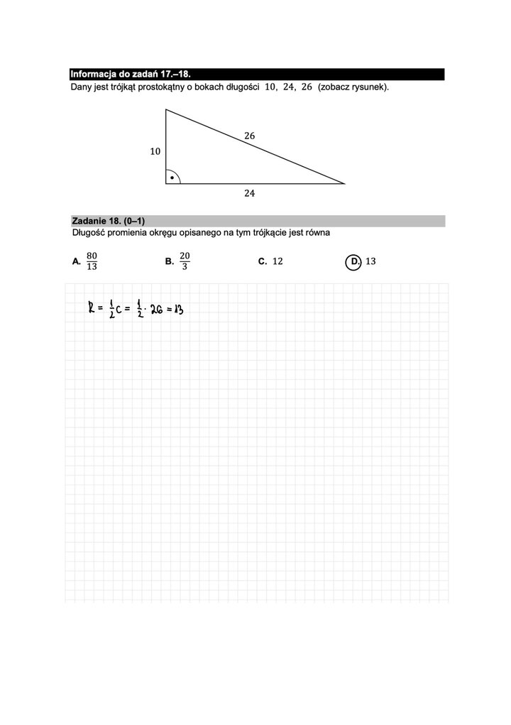 Fragment arkusza maturalnego  z matematyki podstawowej - zadanie z rysunkiem trójkąta prostokątnego.