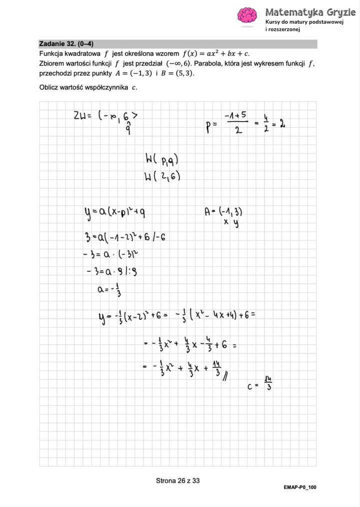 Fragment arkusza maturalnego  z matematyki podstawowej - zadanie z funkcją kwadratową i obliczaniem współczynników we wzorze funkcji.