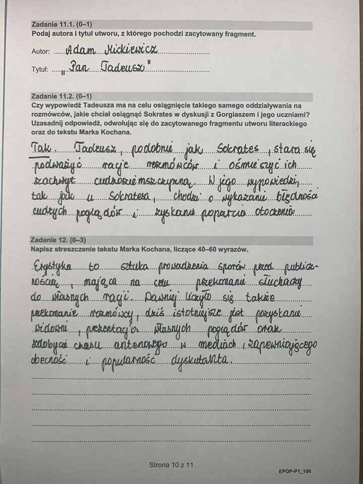 Fragment arkusza egzaminacyjnego z języka polskiego – pytania dotyczące wybranych lektur obowiązkowych.
