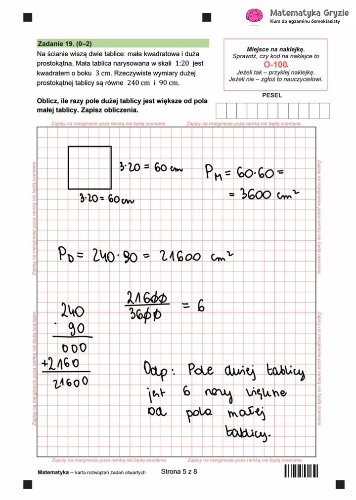 Zadanie z egzaminu ósmoklasisty z matematyki (19) z zadaniem tekstowym na obliczanie pola powierzchni z wykorzystaniem skali.