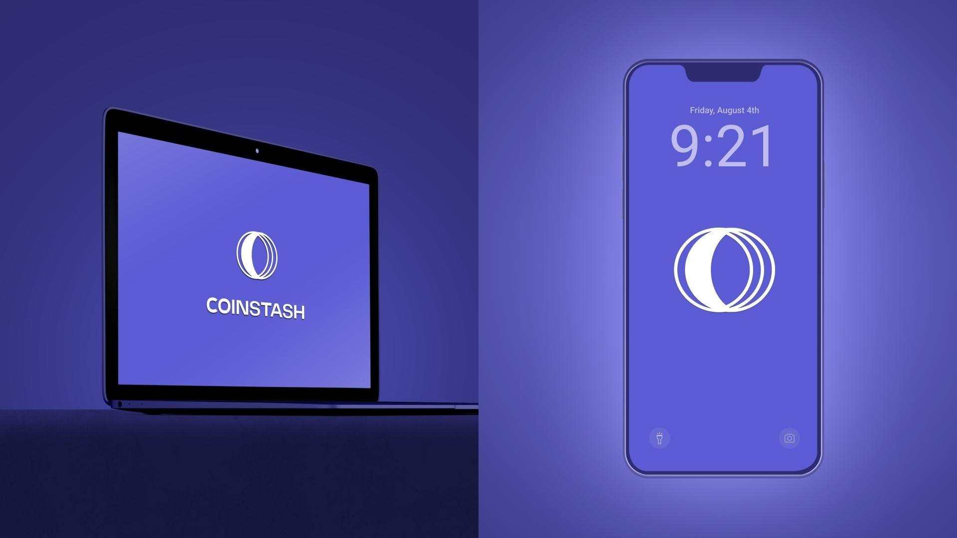 Coinstash Logo Wallpaper Purple Background with Laptop and Mobile View