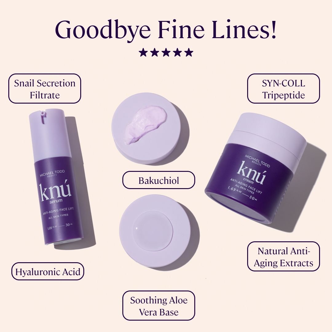 Skincare products with text highlighting ingredients for anti-aging, with the phrase 'Goodbye Fine Lines!'