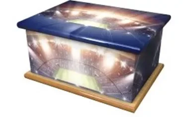 Ashes casket with football imagery